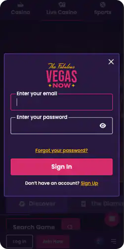 Vegas Now App download Login window