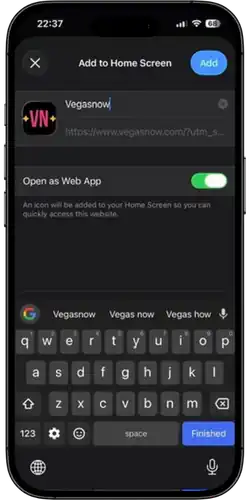 VegasNow App - Click add